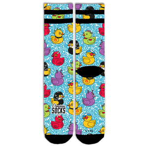 Tub Duck Mid High Socks with rubber ducks in a blue bathtub, by American Socks