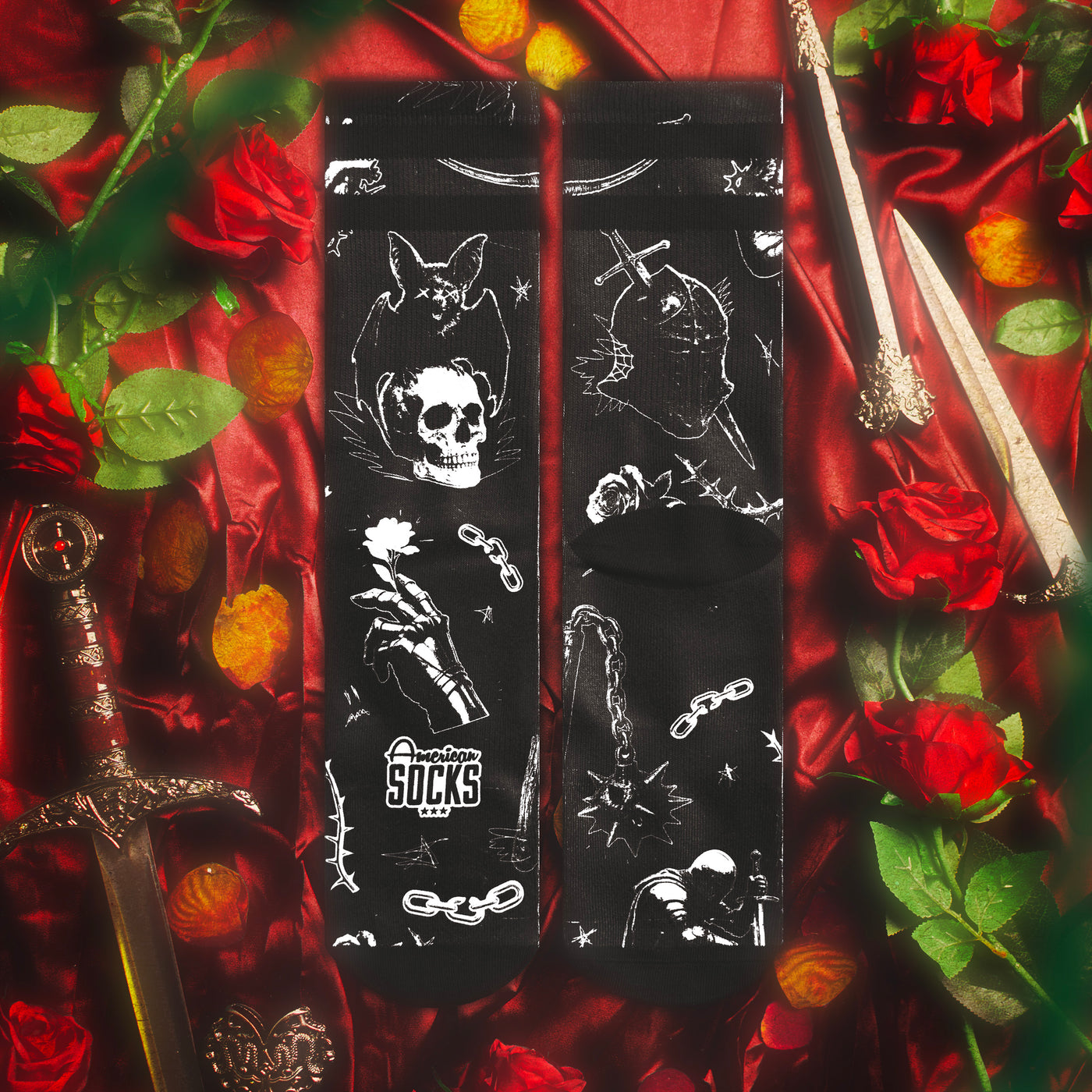Black dark fantasy gothic socks with bats knights and skulls medieval design american socks