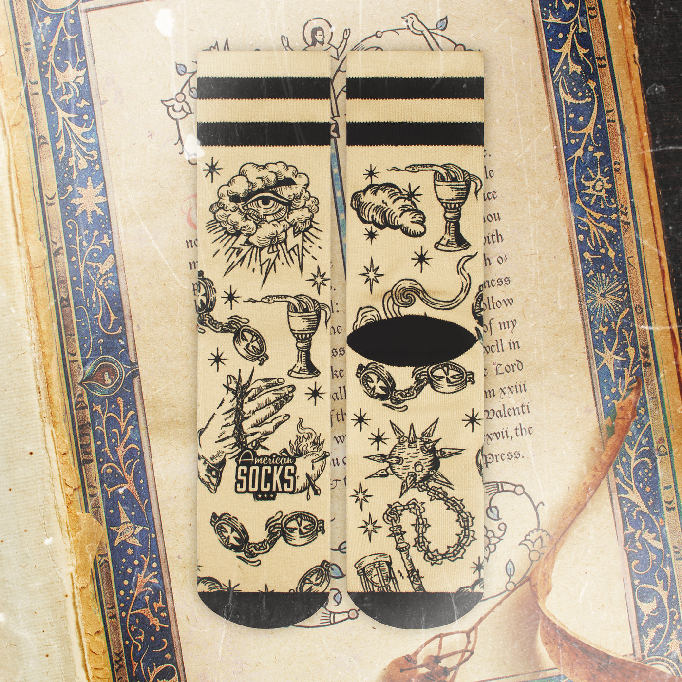 Beige mystical patterned aesthetic socks with clouds, stars and chalice with serpent