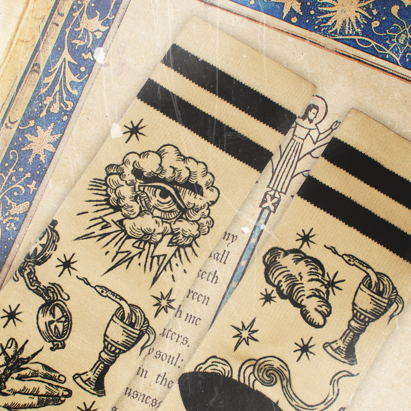 Beige mystical patterned aesthetic socks with clouds, stars and chalice with serpent american socks
