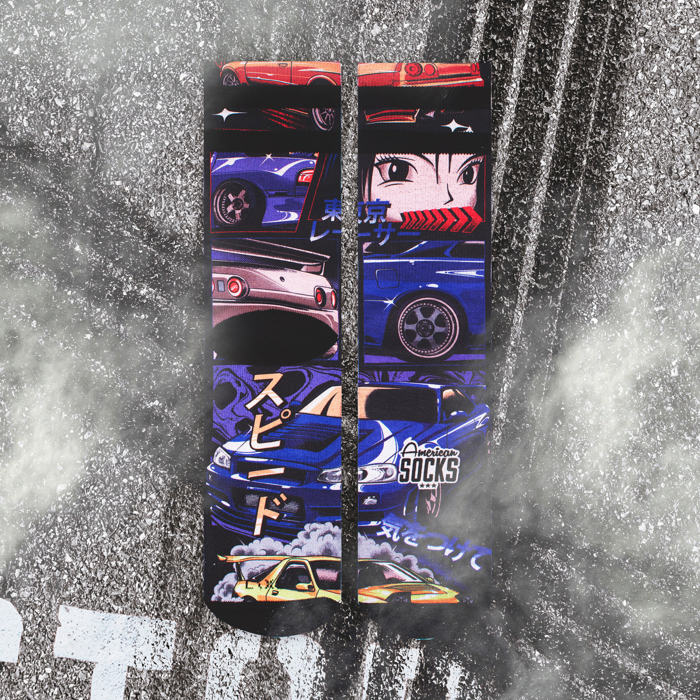 Cool anime style socks with racing cars pattern and japanese character american socks
