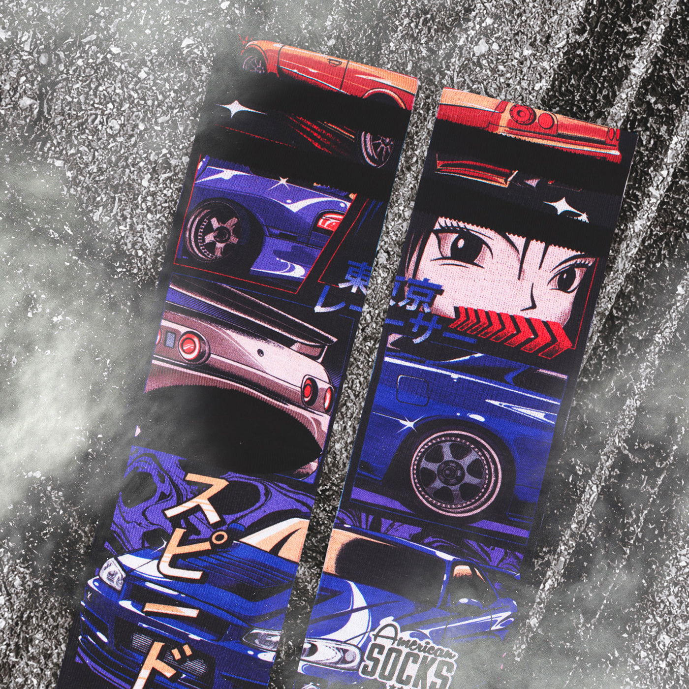 Cool anime style socks with racing cars pattern and japanese character american socks