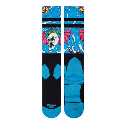Wool snow socks with cool winged skull flying in the sky illustration by american socks