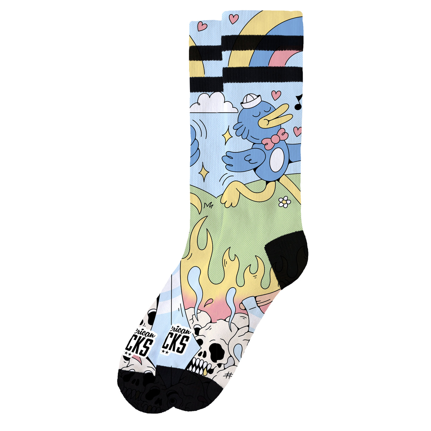 Fun pastel color socks with cute chaotic duck illustration walking around death and rainbows by americna socks 