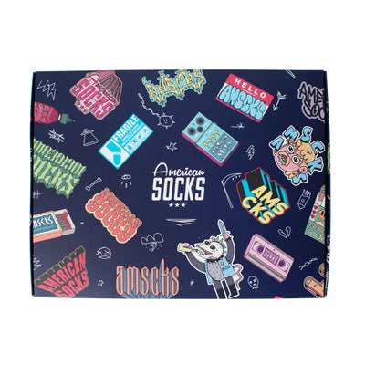 Cool gift box by american socks with logo in different styles and messy doodles
