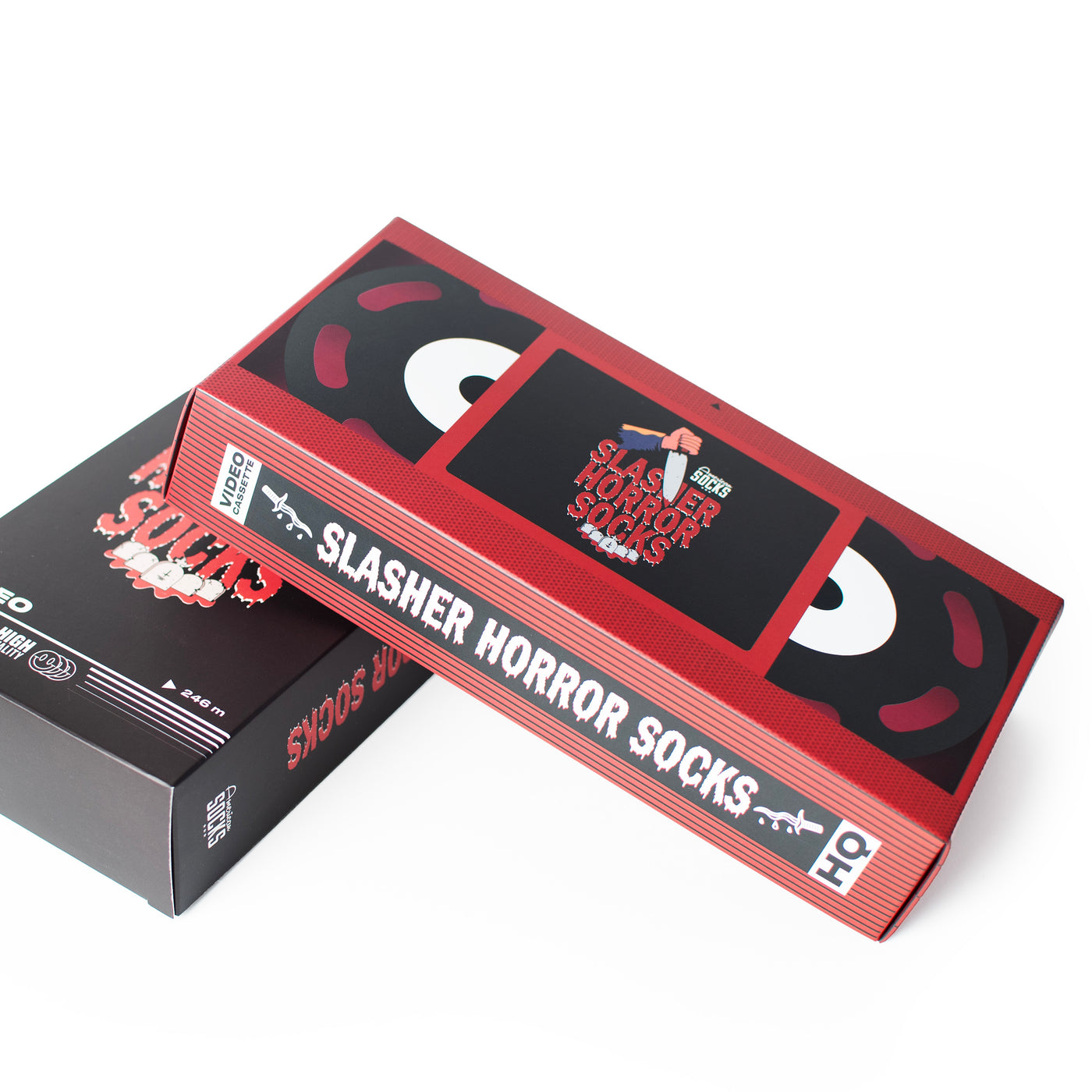 Two Slasher horror movie giftbox with retro design on top of each other by american socks