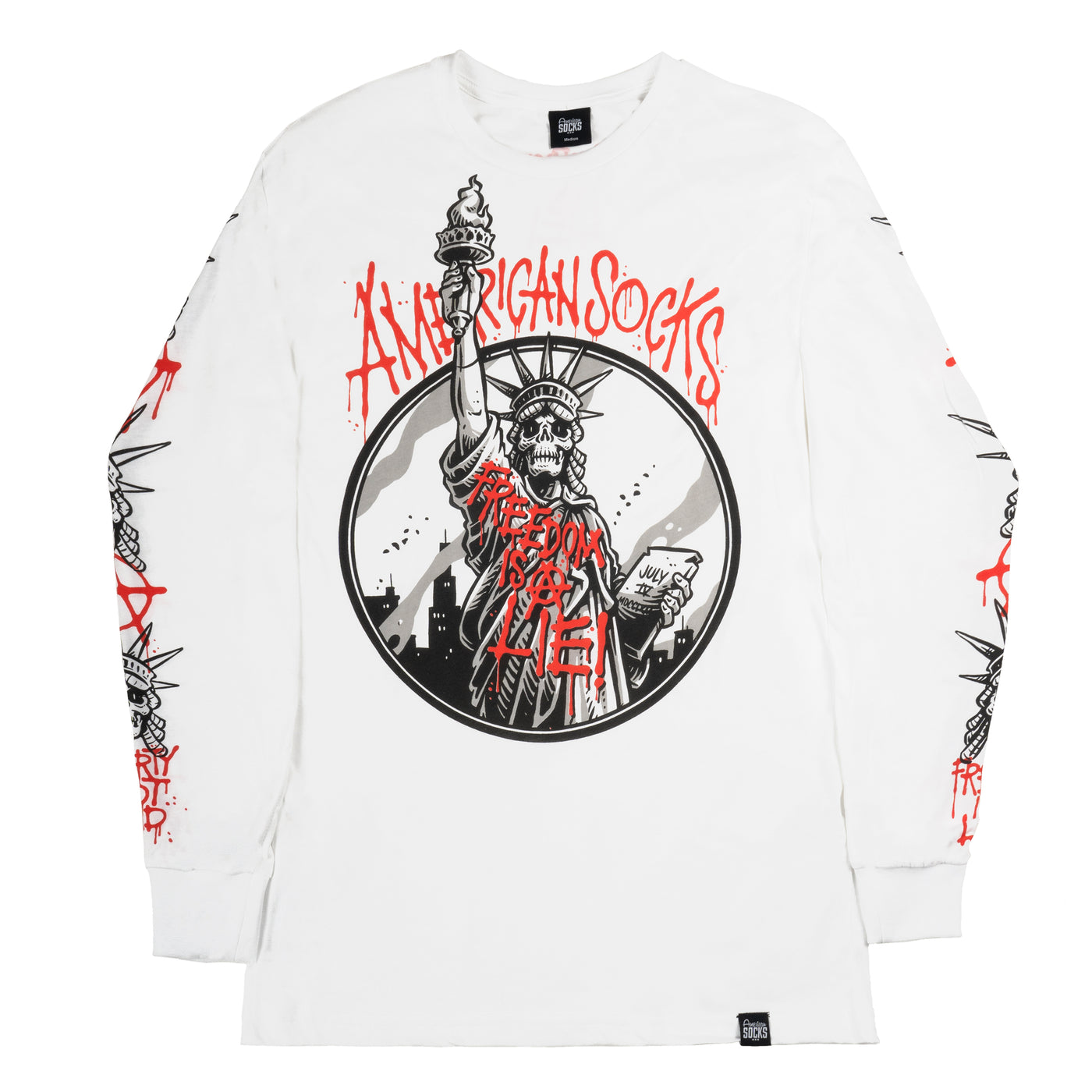 Punk grunge statue of liberty skull design on white long sleeve tee american socks 