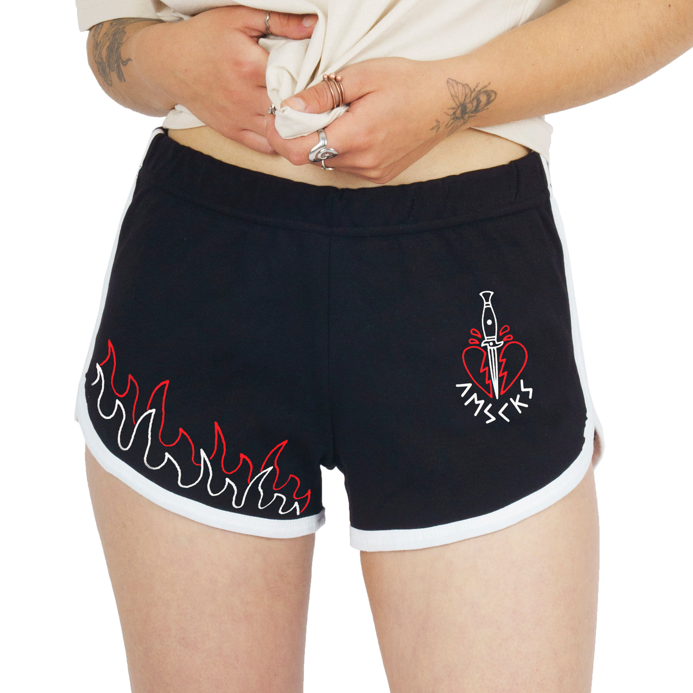 Cool black sweat shorts for women with minimal flame design and heart pierced by dagger american socks 