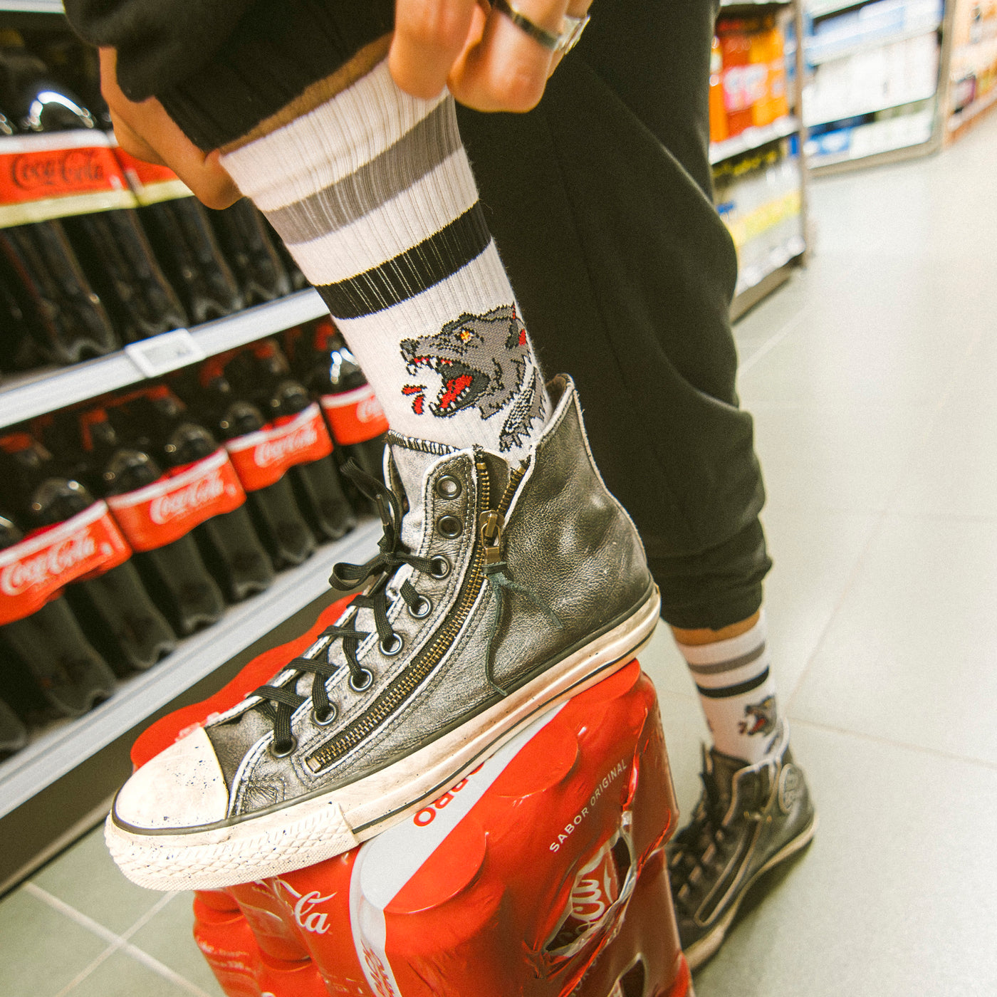 Man showing bold wild wolf design socks american socks