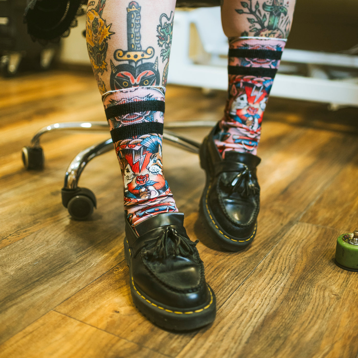 Tattoo inspired socks with punk cats in love funky and cute pattern american socks