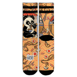 Panda Mid High Socks with a panda eating ramen noodles on orange, by American Socks